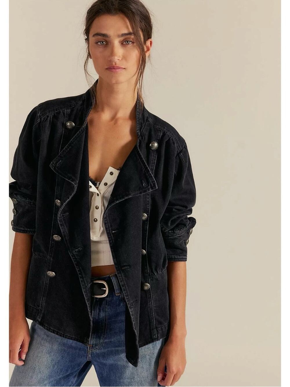Free People Imogene Denim Officer Jacket in Odyssey Black Military Denim Medium